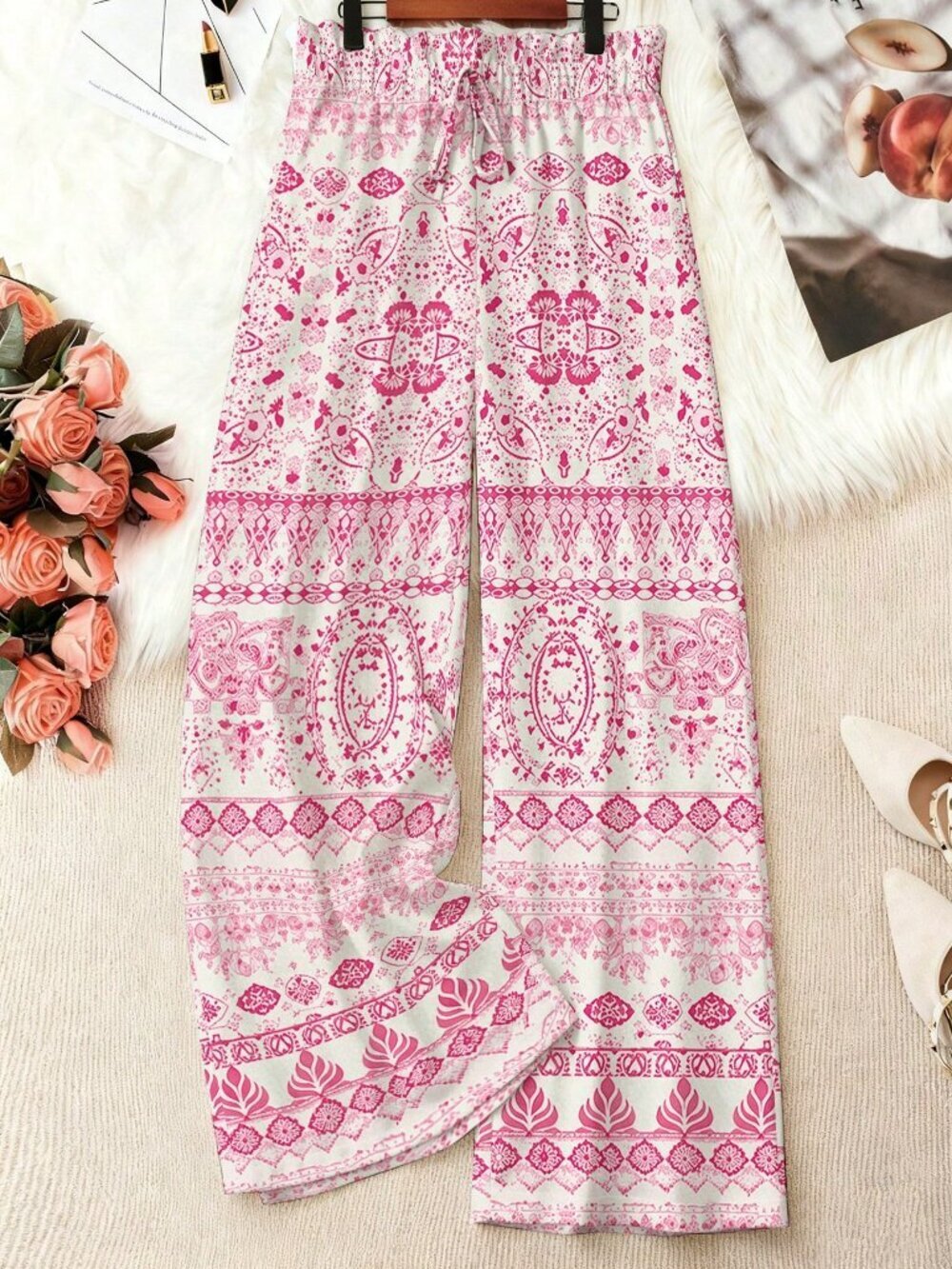 Multicolor Boho Women's High Waist Leg Plus Size Pants